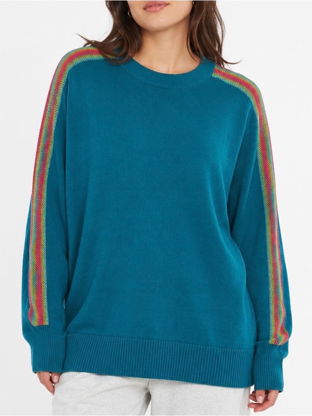 Elle Teal Crewneck Sweater with Rainbow Shoulder Stripes
